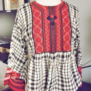 ZARA women Hand Stitched embroidery lattice shirt